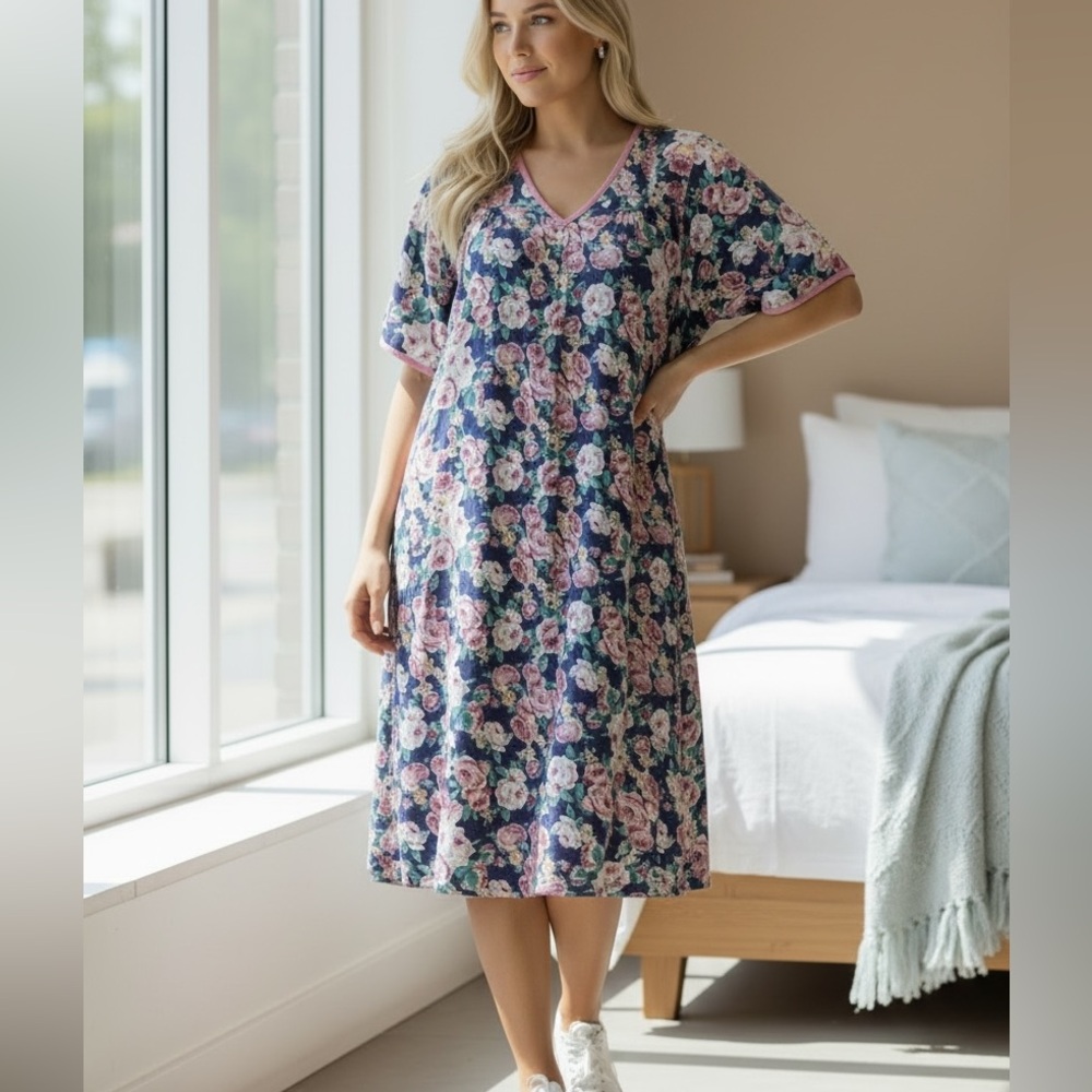 Vintage Kelly Reed Floral House Traditional Dress Quilted Pearl Snap Lounge L